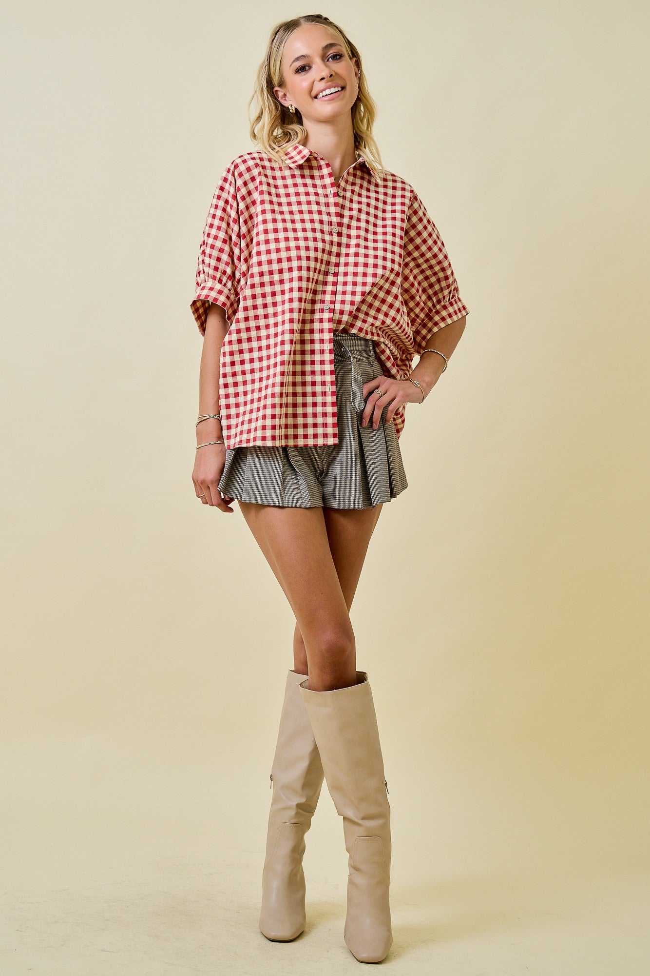 Button Down Textured Gingham Oversized Shirt