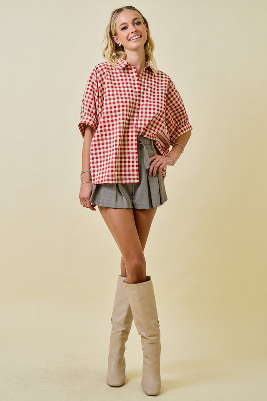 Button Down Textured Gingham Oversized Shirt