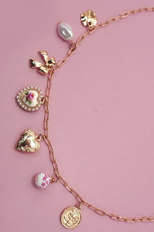 Ceramic Floral Porcelain Bow Heart Charm Link Necklace