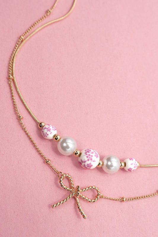 Pink Ceramic Porcelain Pearl Bow Layer Necklace