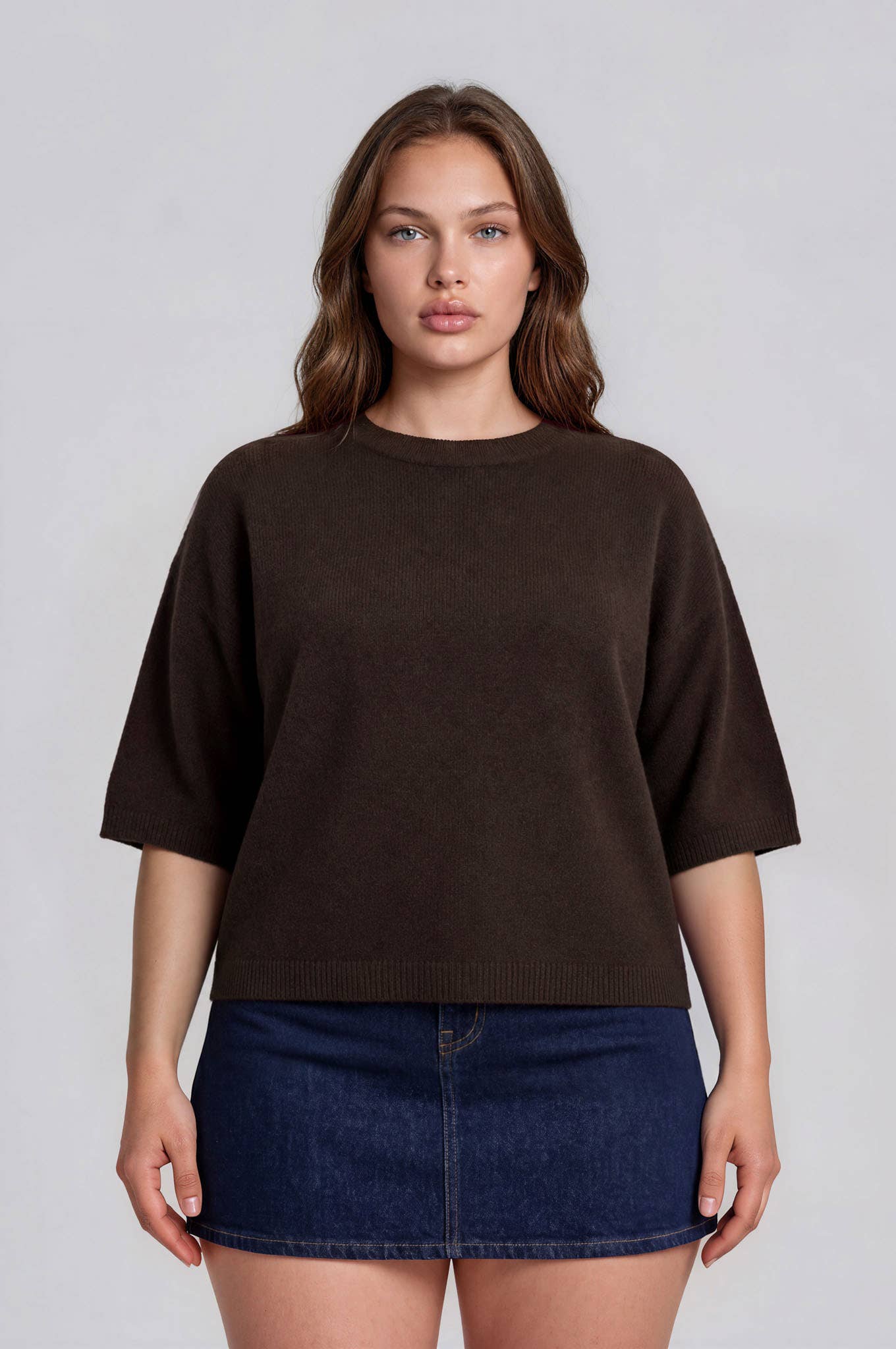 PLUS HEATHERED CREW NECK HALF SLEEVE BOXY PULLOVER
