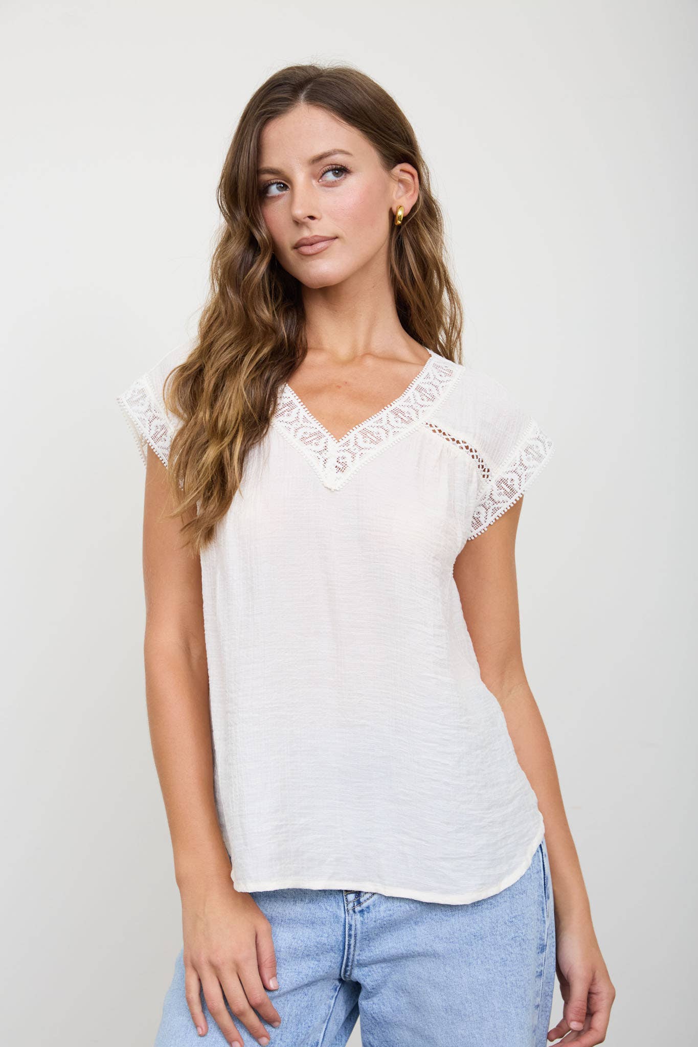 V NECK LACE TRIM CAP SLEEVE TOP