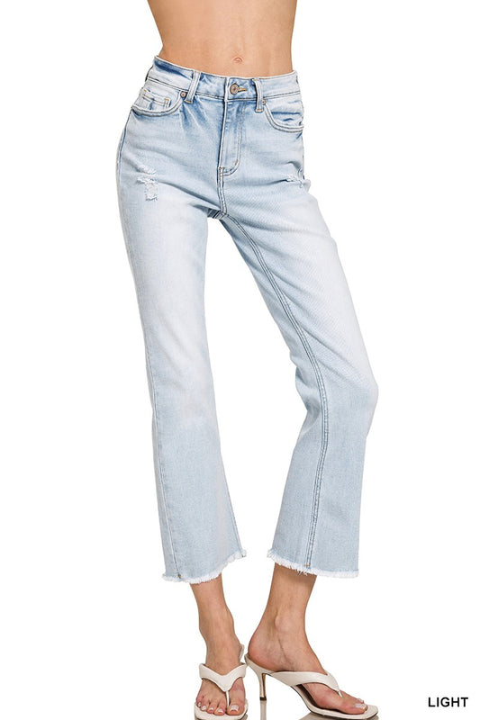 High Rise Straight Raw Hem Cropped Denim Pants