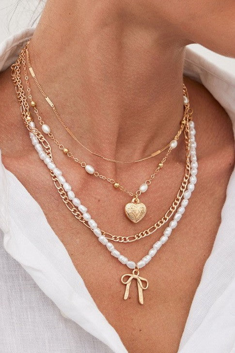 Beautiful Bow Pearl Heart Pendant Layered Necklace