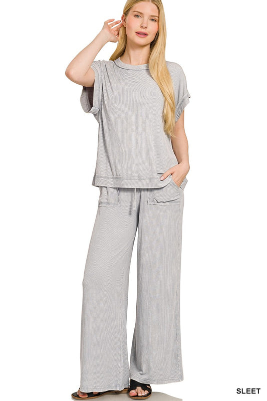 Ribbed Acid Wash Rayon Top & Pants Set