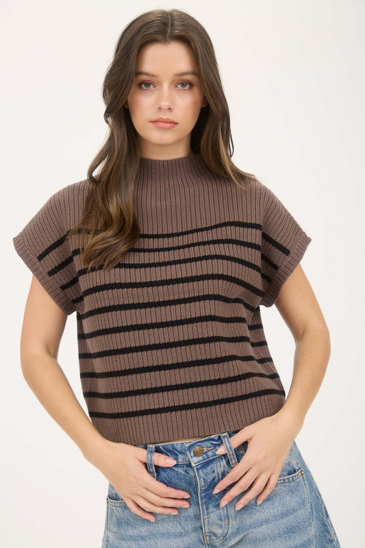 Stripe Mock Neck Short Sleeve Knit Sweater