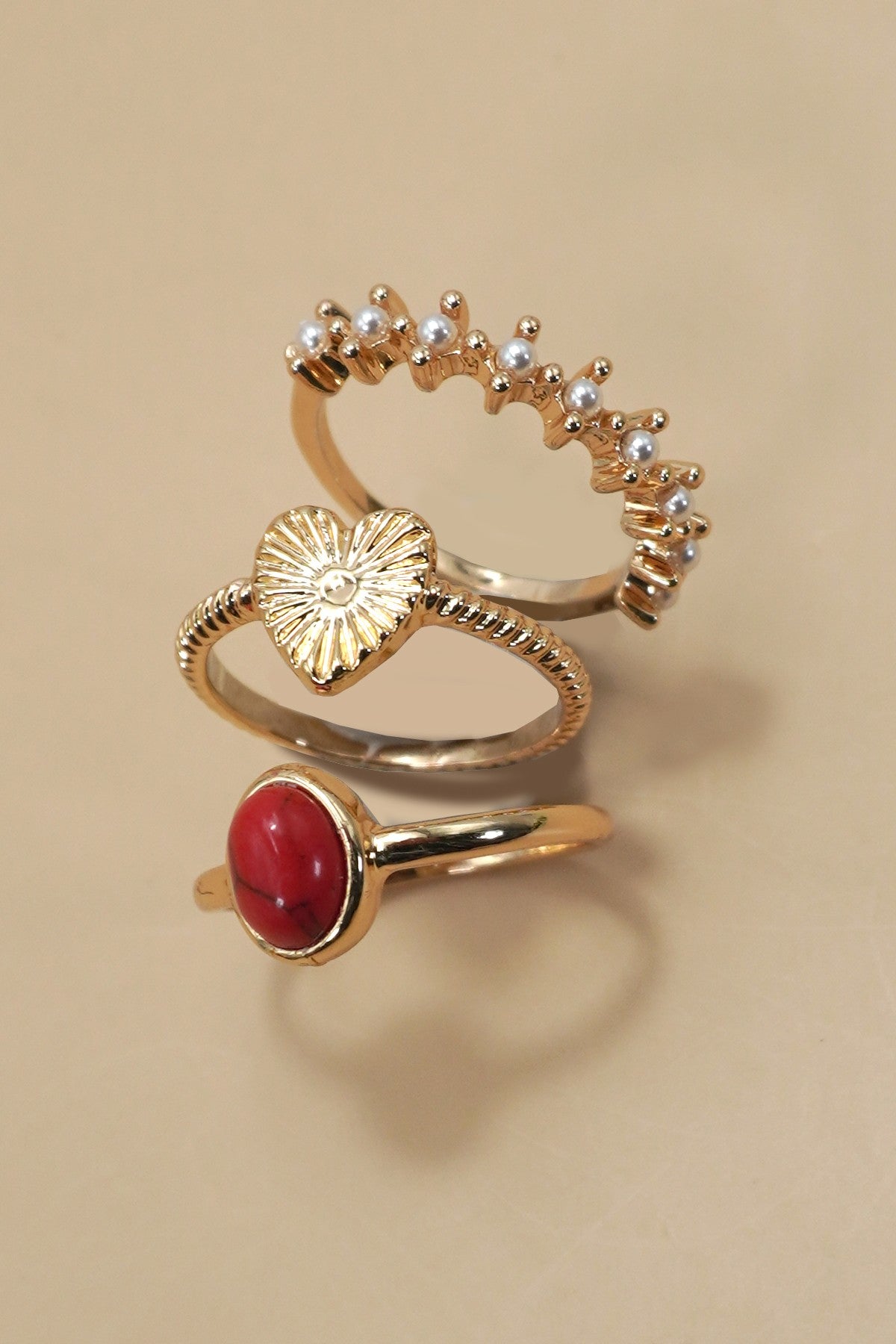 Heart Stone Pearl 3 Ring Set