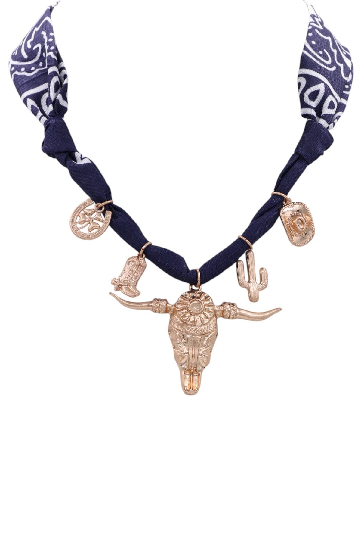 Western Charm Bull Skull & Cactus Fabric Necklace