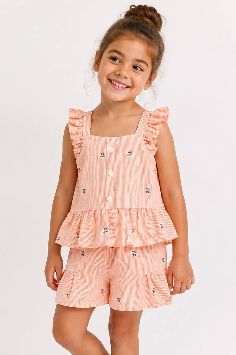 GKSS-Q26-38431B Girl's 2pc Stripe Short Set w/ Cherry Print