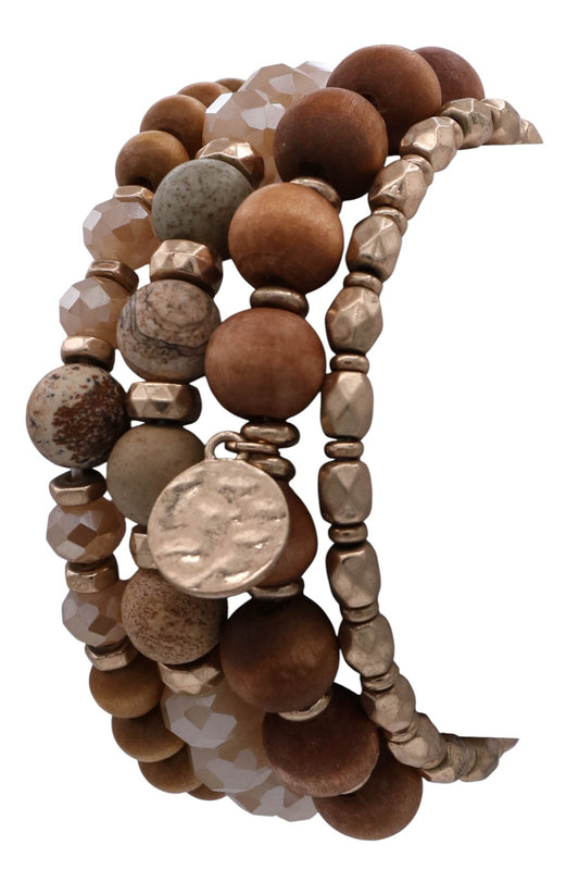 Brown Hammered Disc Multi-row Wood & Stone Bracelet