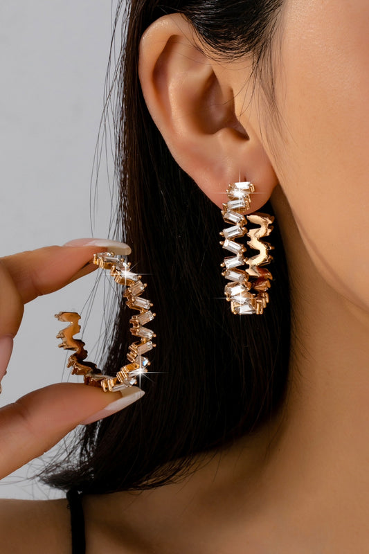 Baguette Crystal Zigzag Gold Hoop Earrings