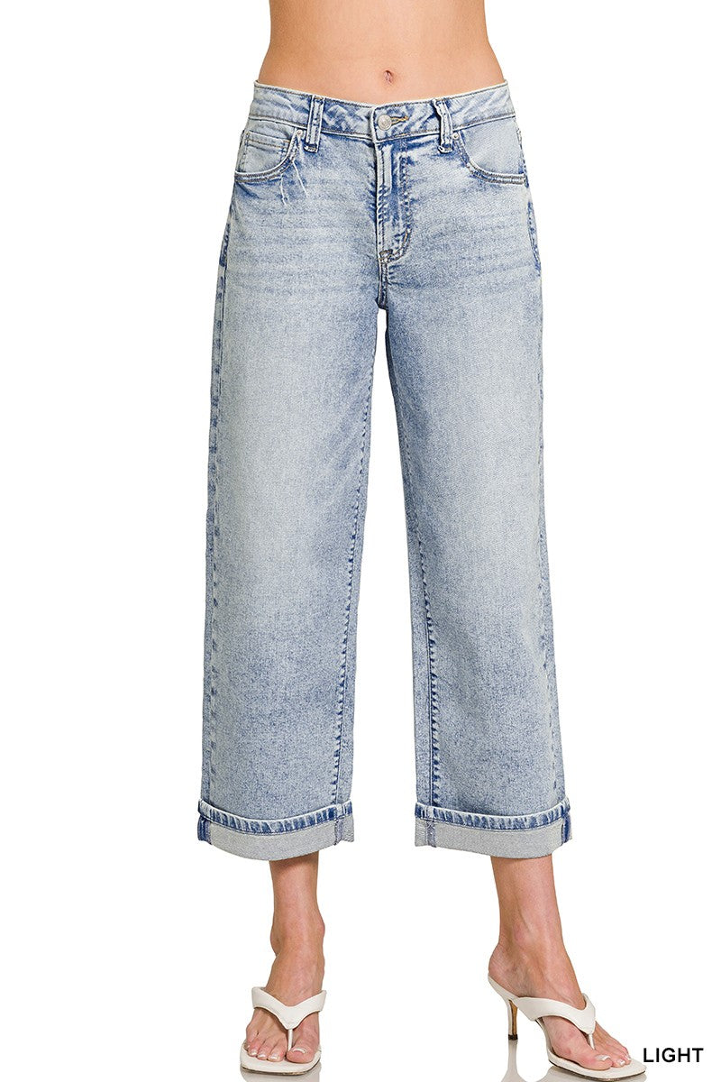 Light Wash Cuffed Straight Leg Cropped Denim Pants