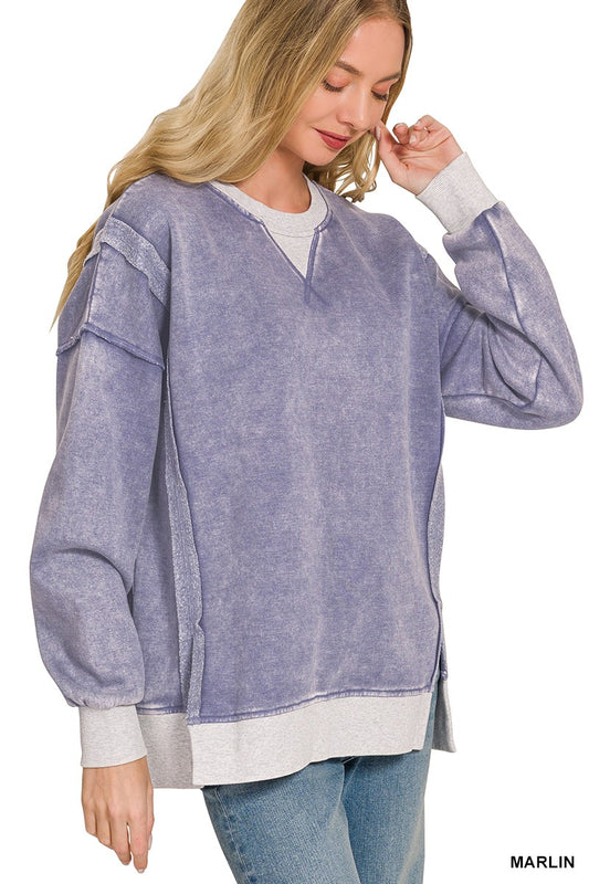 Lt Eggplant Fleece Acid Washed Contrast Trim Pullover