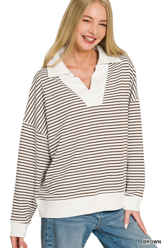 Striped Split Neck Collared Top