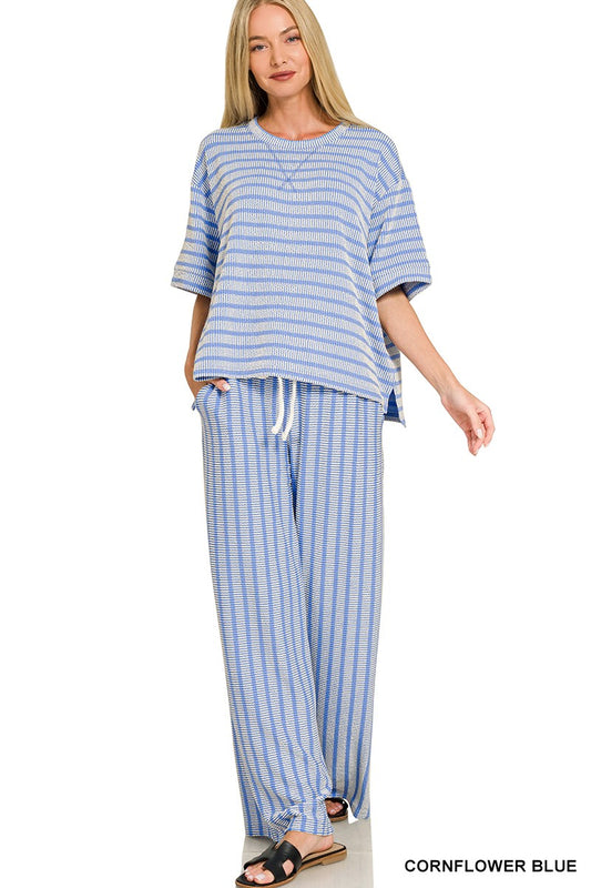 Raised Rib Stripe Short Sleeve Pant Set