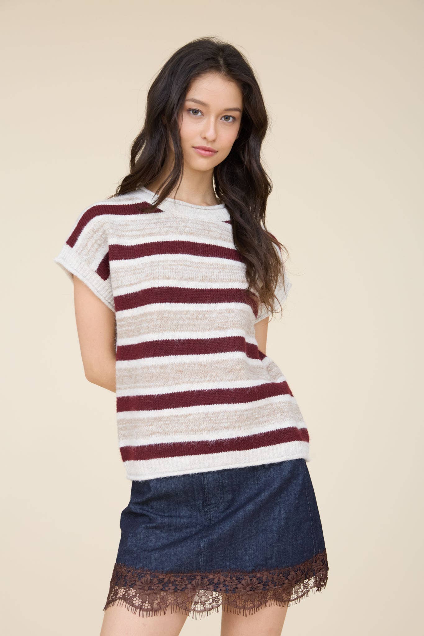 MARLED STRIPE SHORT SLEEVE RAW EDGE KNIT SWEATER