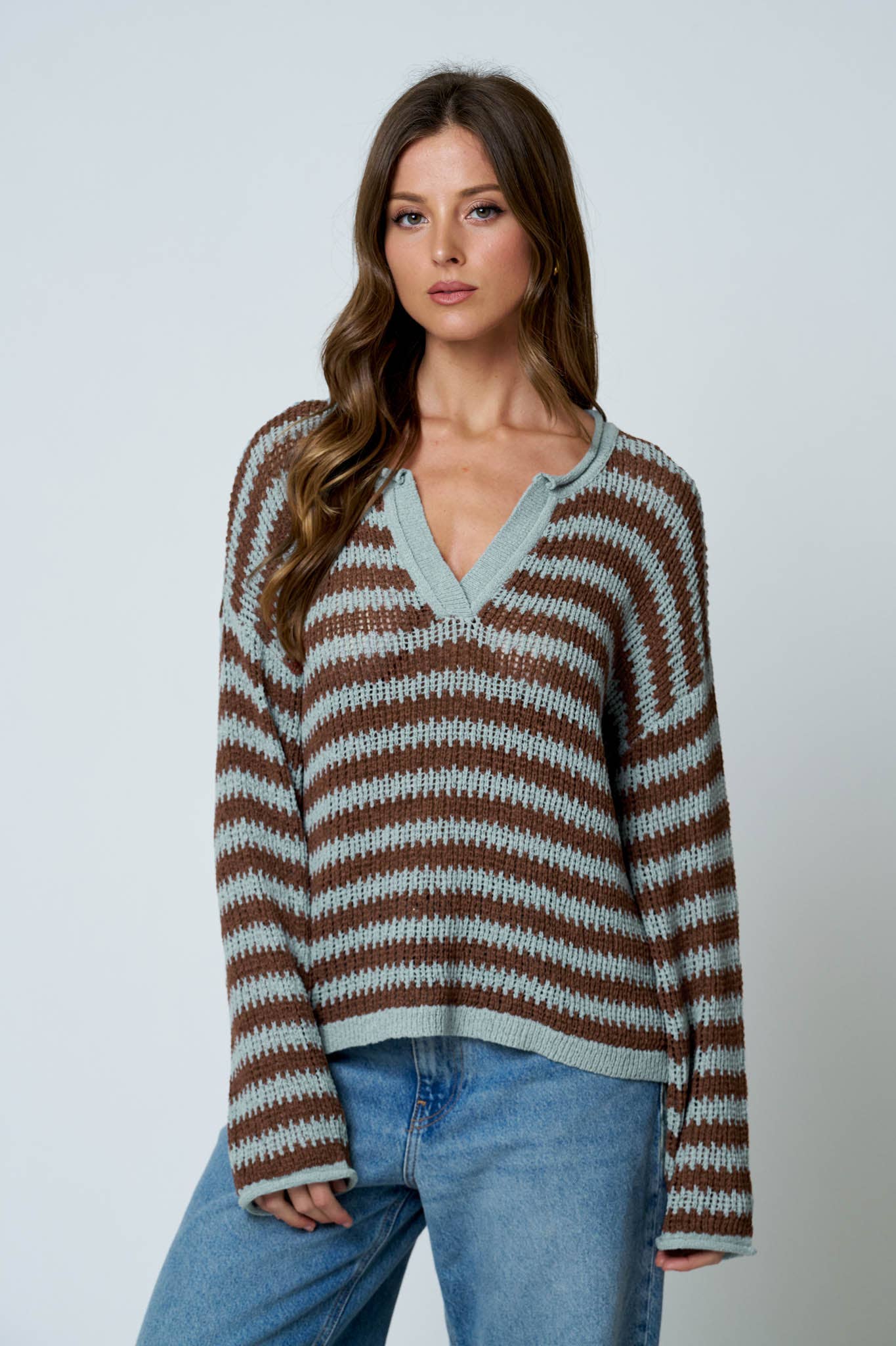 STRIPE RAW EDGE SPLIT NECK SHEER KNIT SWEATER