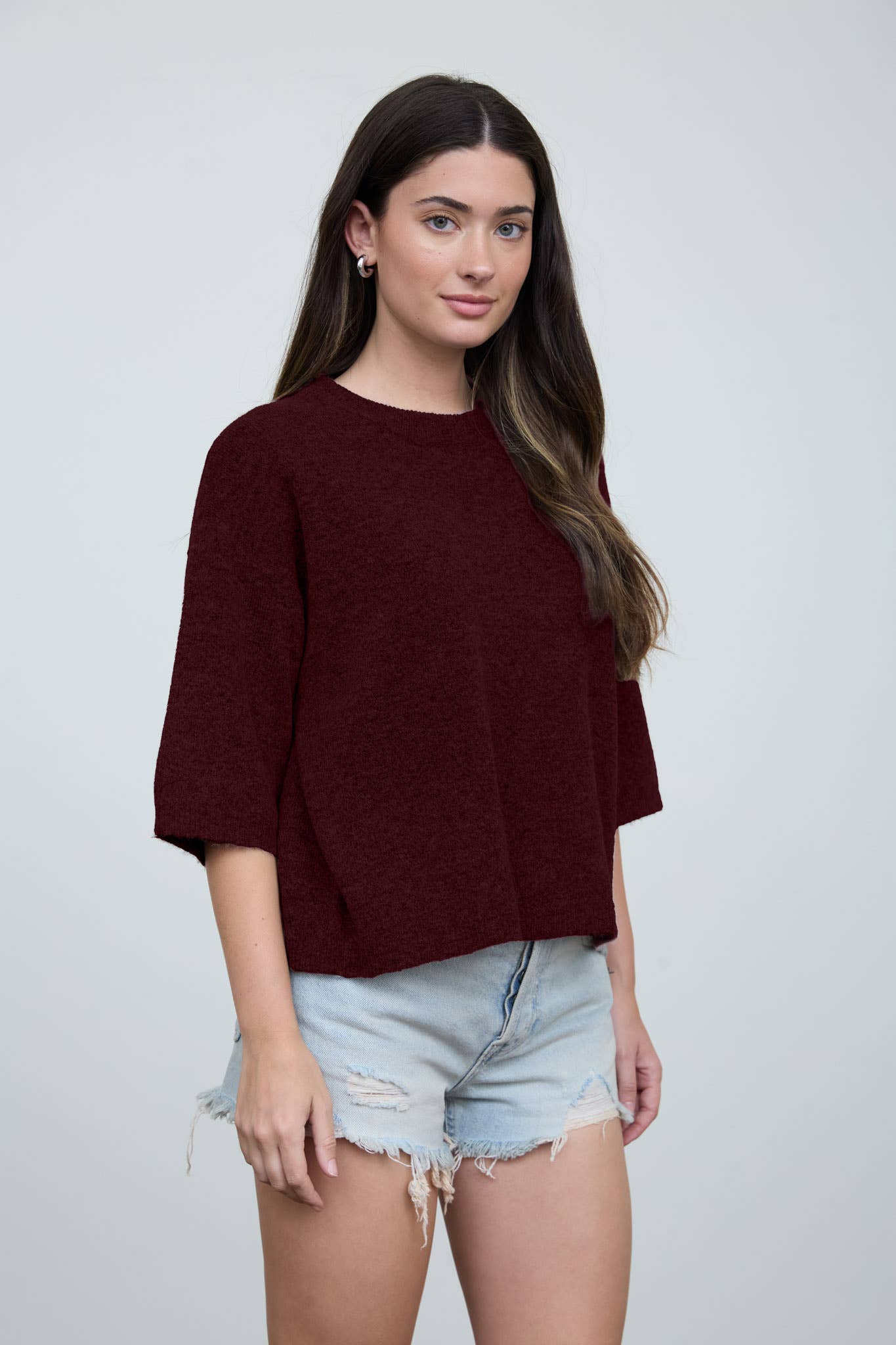 HEATHERED CREW NECK HALF SLEEVE BOXY PULLOVER