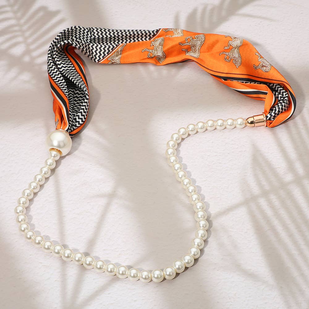 SECRET BOX_Pattern Print Fabric Scarf Pearl Magnetic Necklace