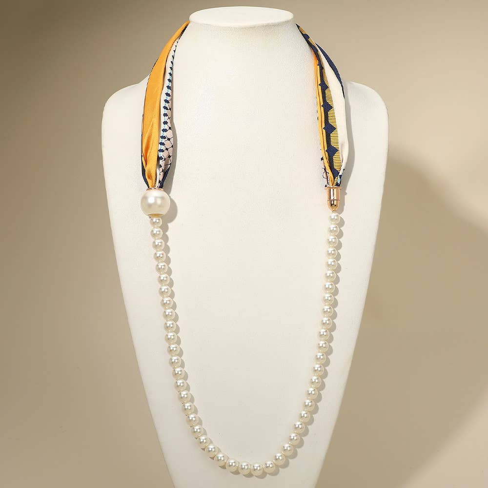 SECRET BOX_Pattern Print Fabric Scarf Pearl Magnetic Necklace