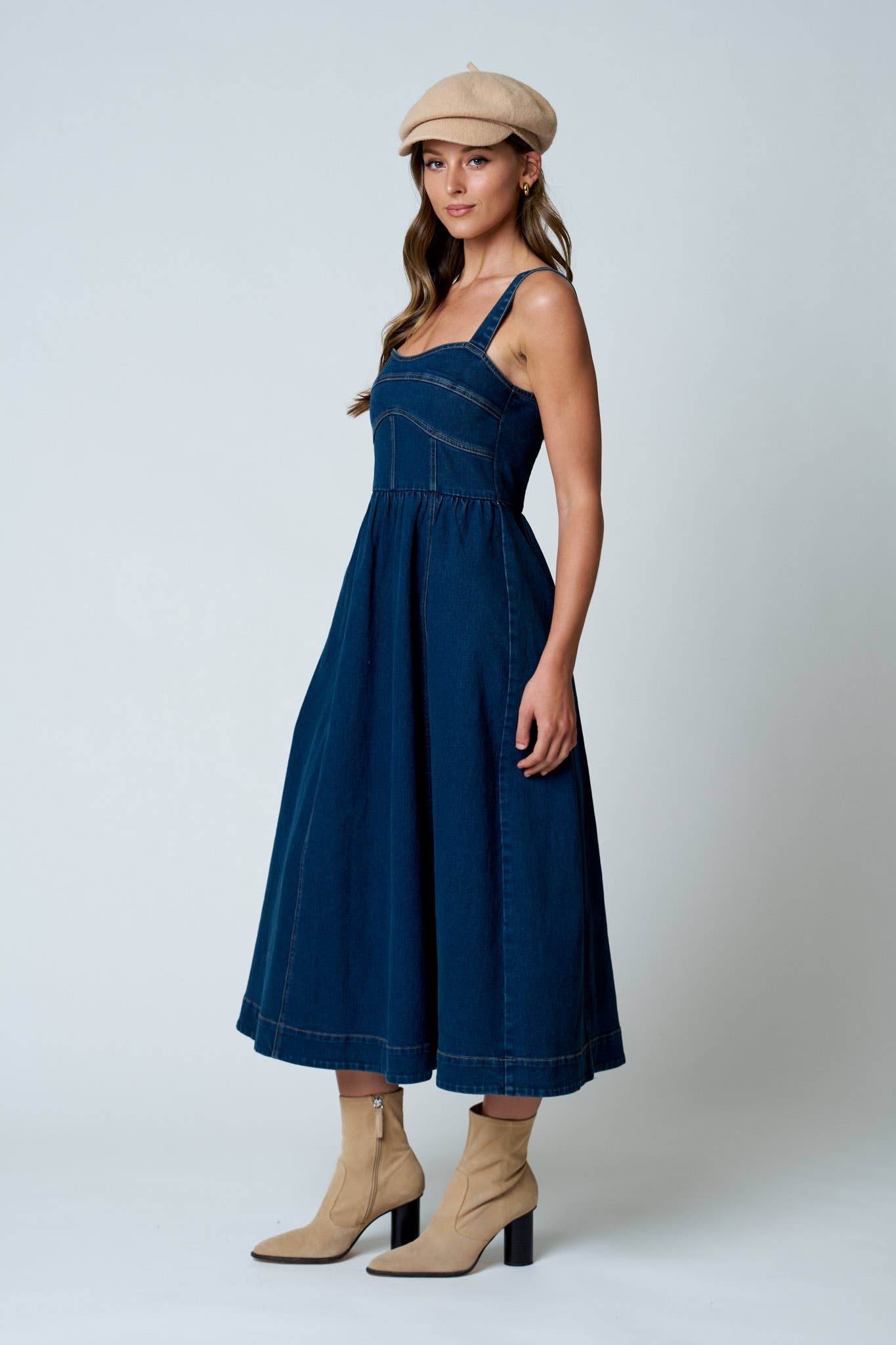 SWEETHEART CORSET SEAM DETAIL DENIM MIDI DRESS
