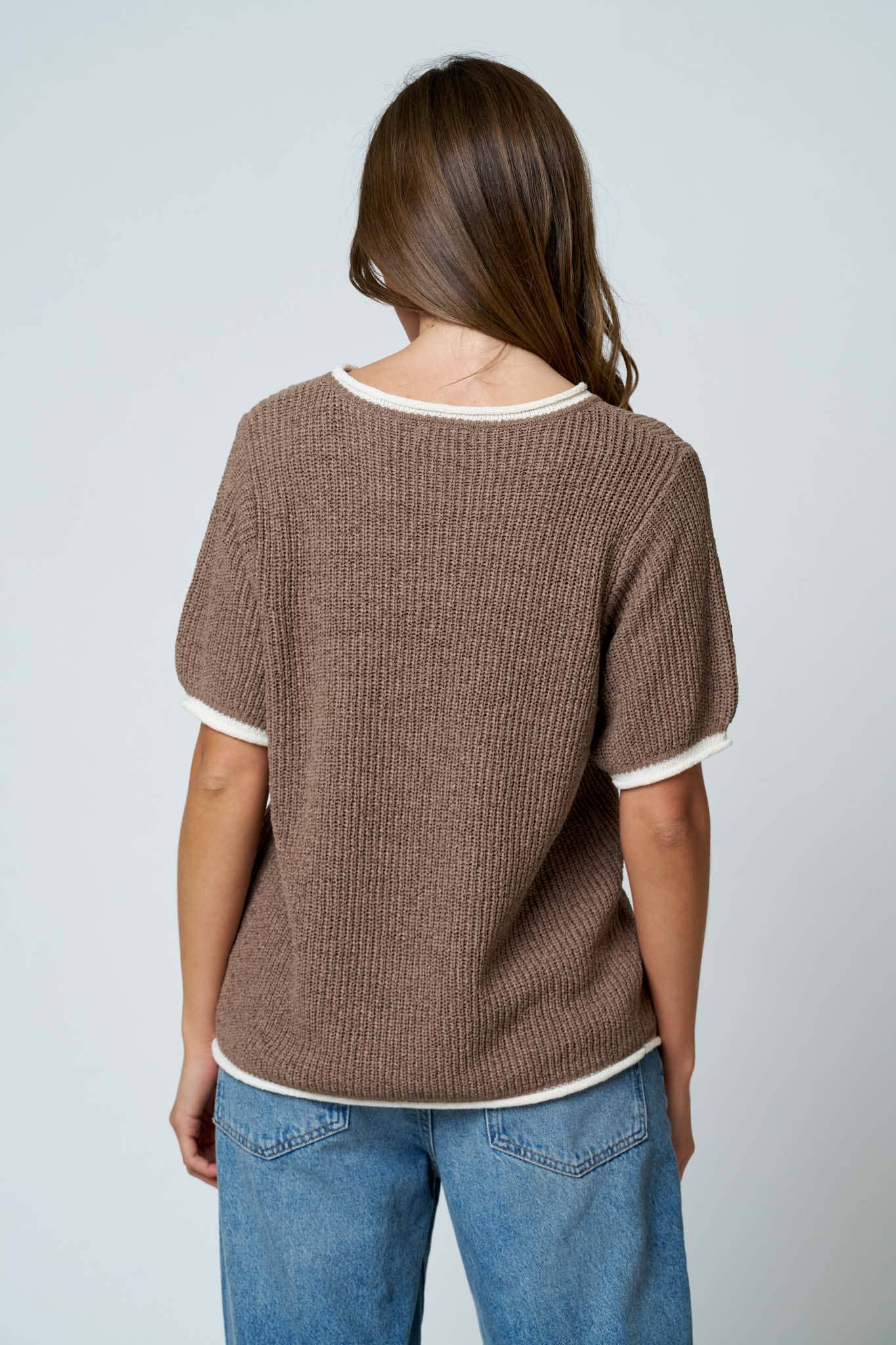 CONTEST TRIM PUFF SLEEVE RIBBED KNIT SWEATER