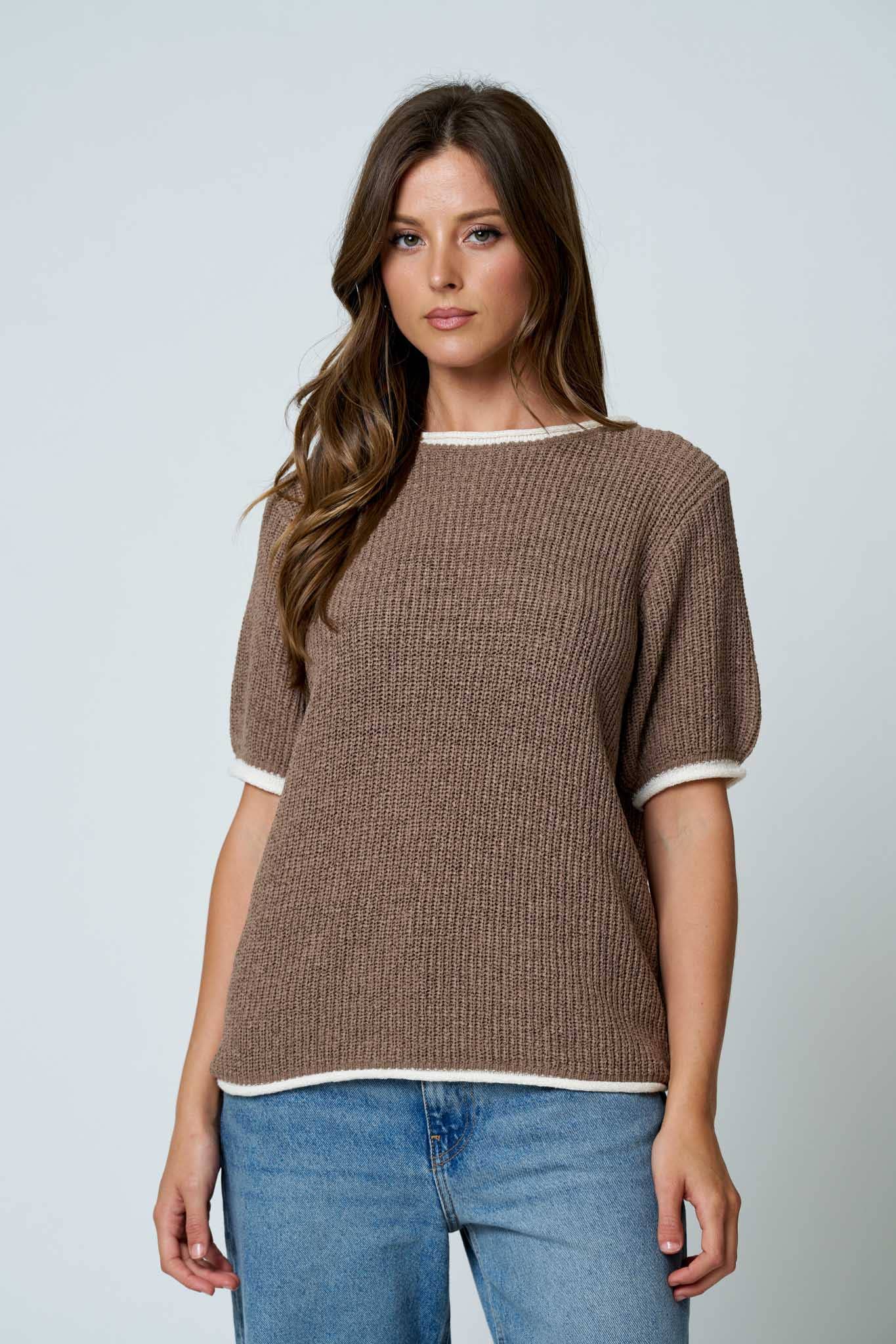 CONTEST TRIM PUFF SLEEVE RIBBED KNIT SWEATER