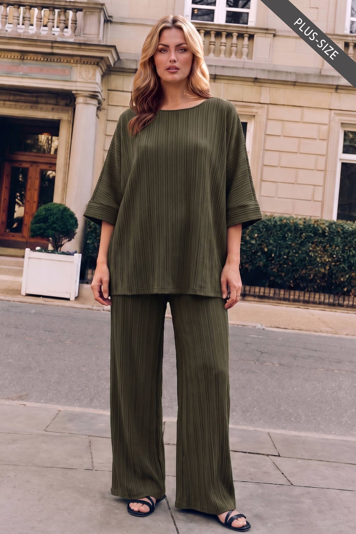 PLUS SIZE 2-Piece Textured Dolman Sleeve + Relaxed Bottoms