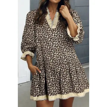 Las Leopard Color Block Bracelet Sleeve Mini Dress