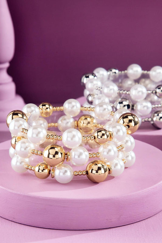 Layered Metal & Pearl  Bead Bracelet