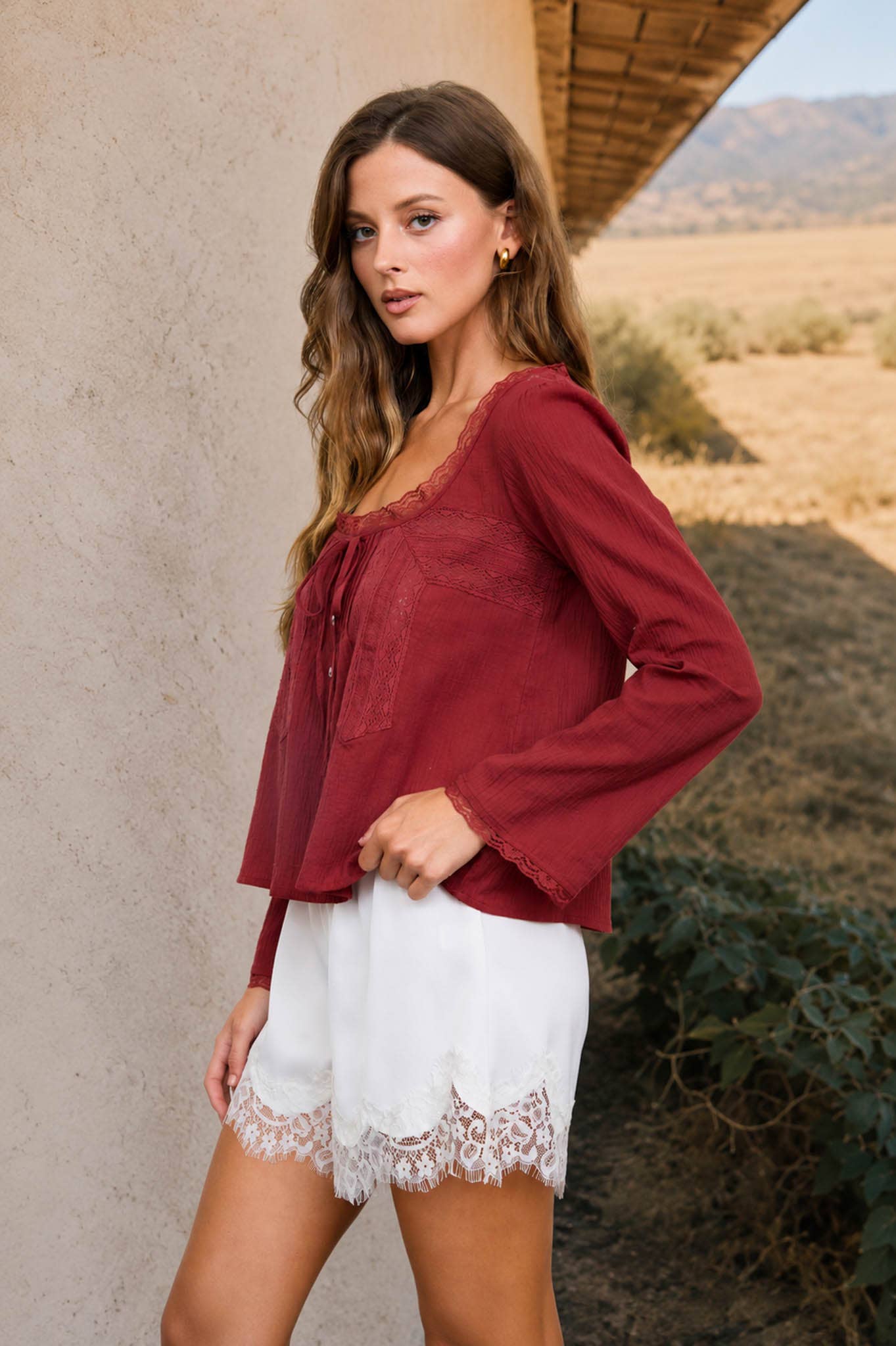 SCOOP NECK FRONT TIE LACE TRIM LONG SLEEVE TOP (PRE-ORDER)