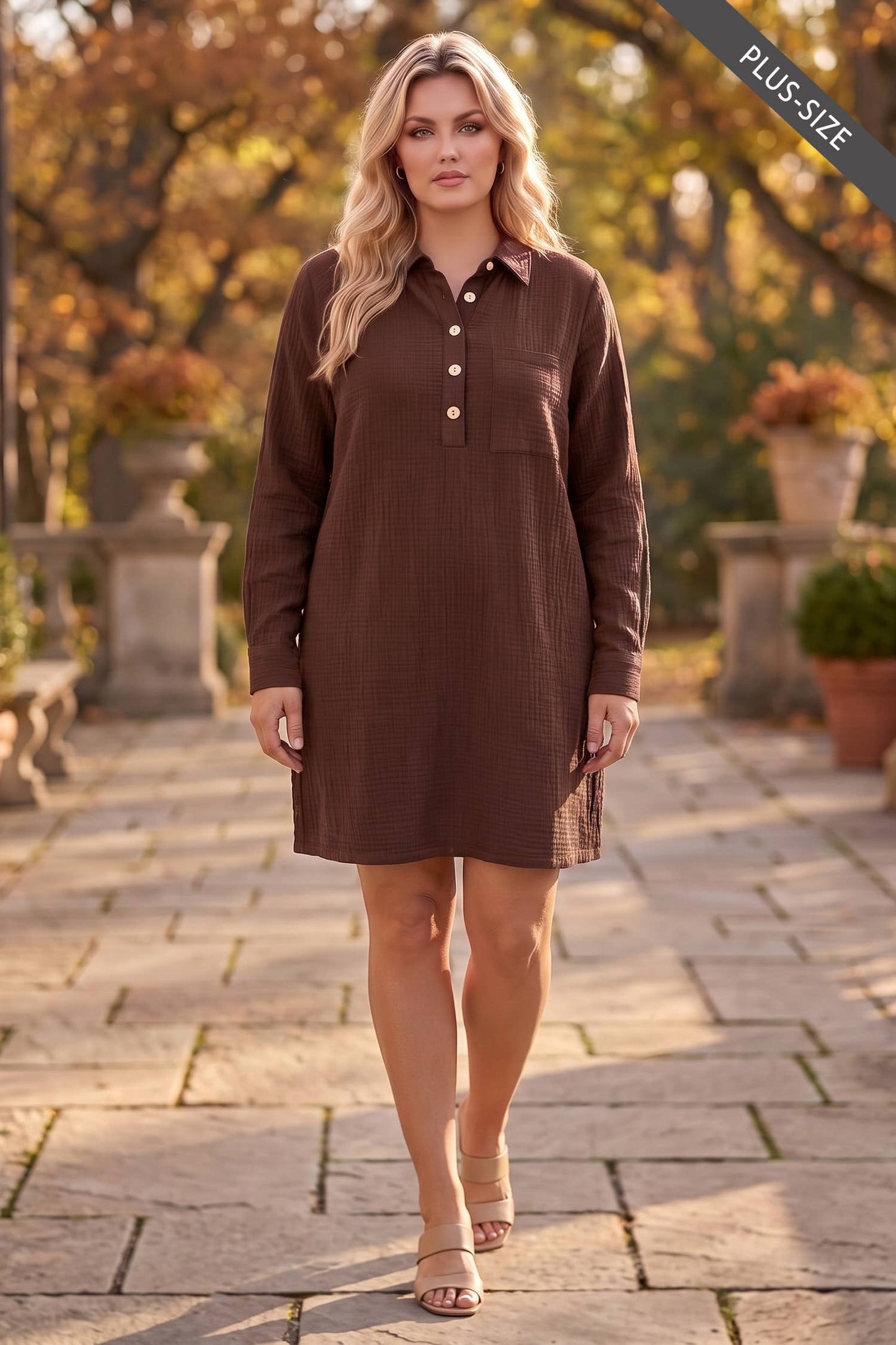 PLUS SIZE 100% Cotton A-Line Button Down Lightweight Dress