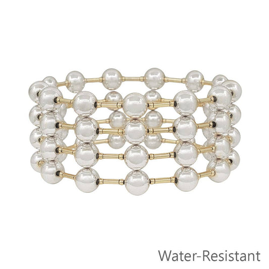 Water Resistant Set of  8MM Silver Beaded and Gold Bar Stretch Bracelets