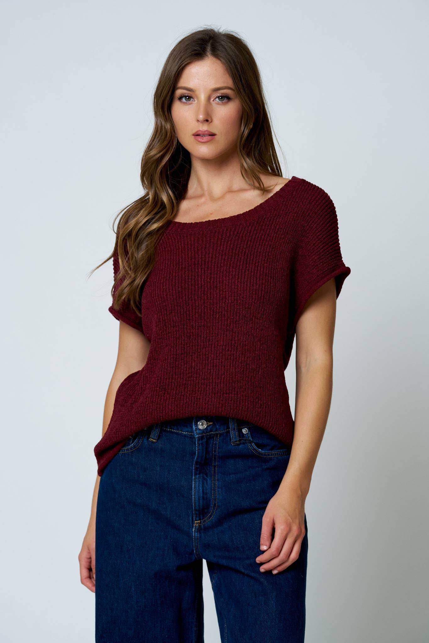 CREW NECK RAW SLEEVE RELAXED SWEATER KNIT TOP