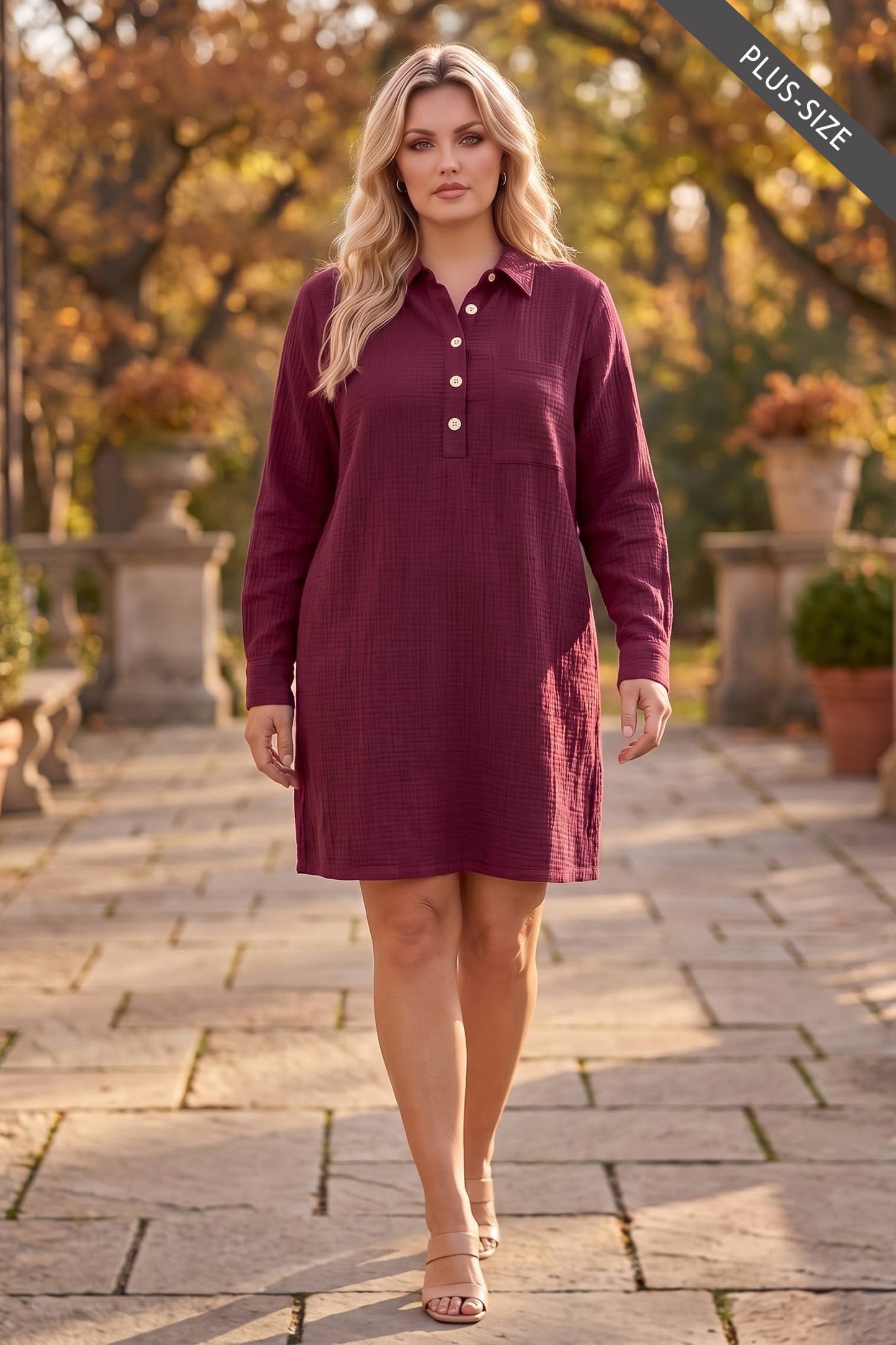 PLUS SIZE 100% Cotton A-Line Button Down Lightweight Dress