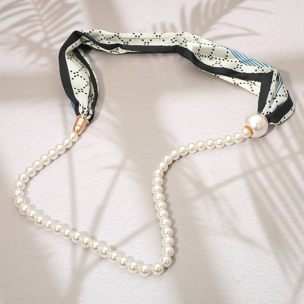 SECRET BOX_Pattern Print Fabric Scarf Pearl Magnetic Necklace