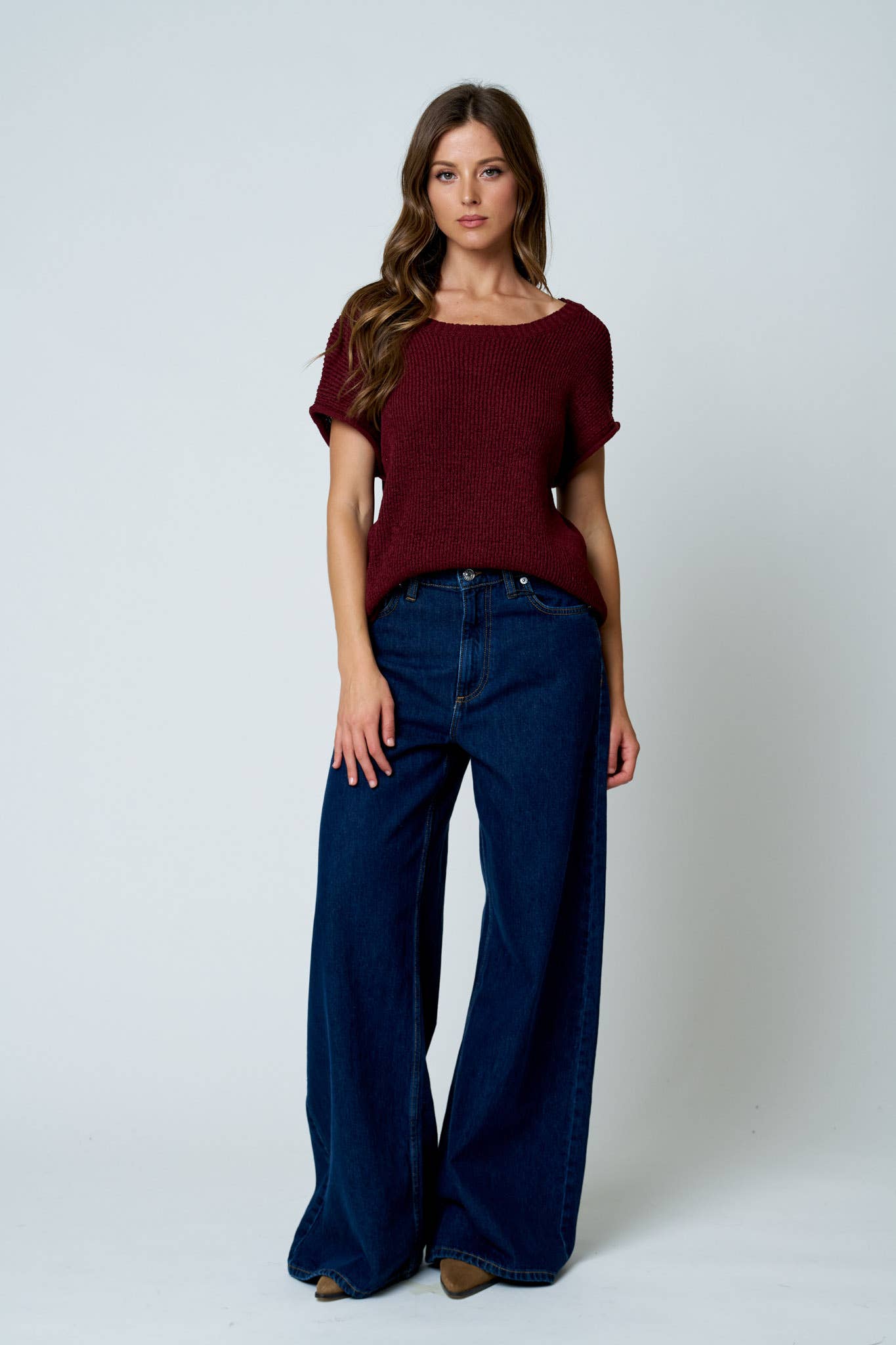 CREW NECK RAW SLEEVE RELAXED SWEATER KNIT TOP
