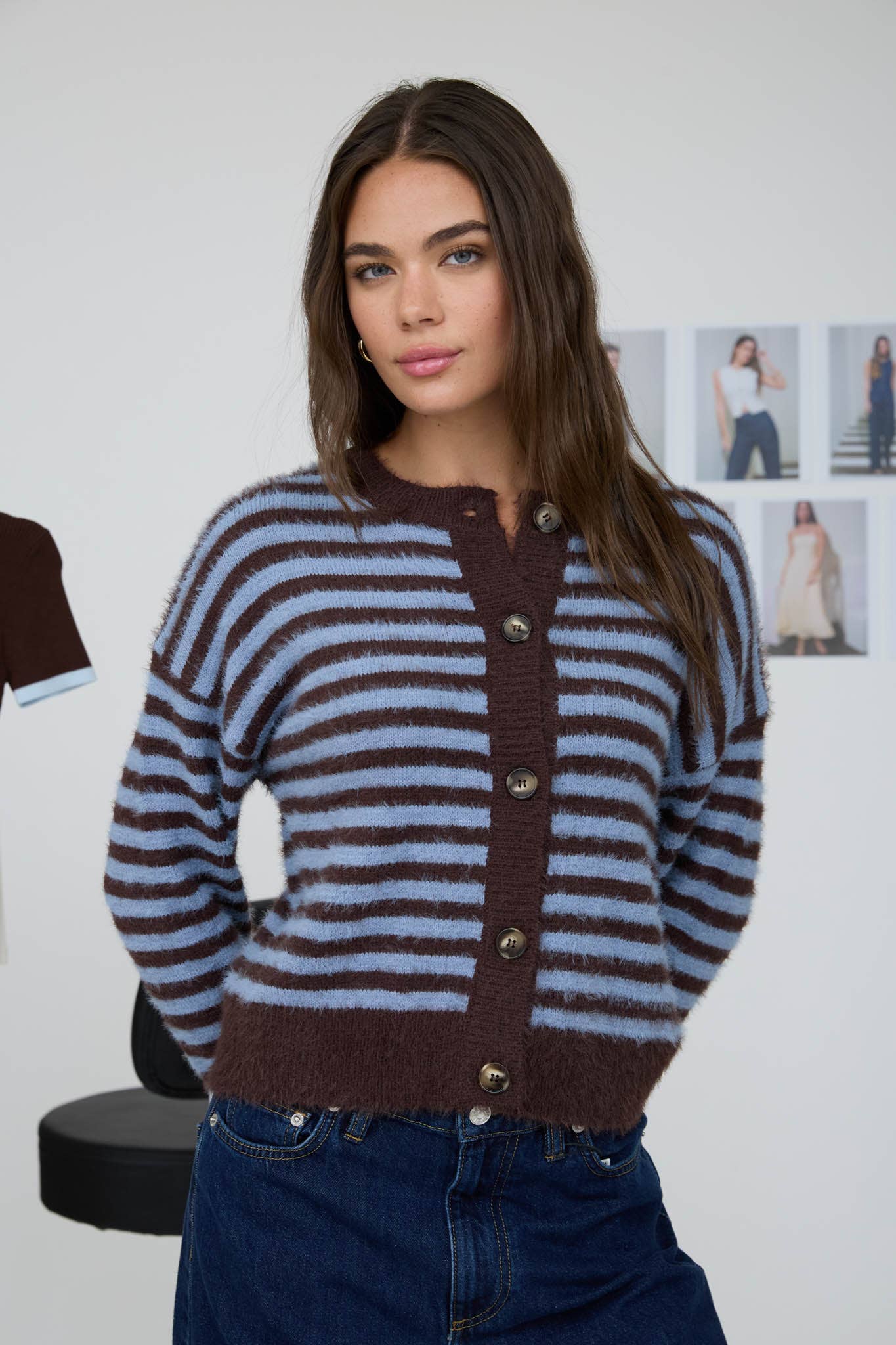 STRIPE ROUND NECK BUTTON DOWN FUZZY KNIT CARDIGAN