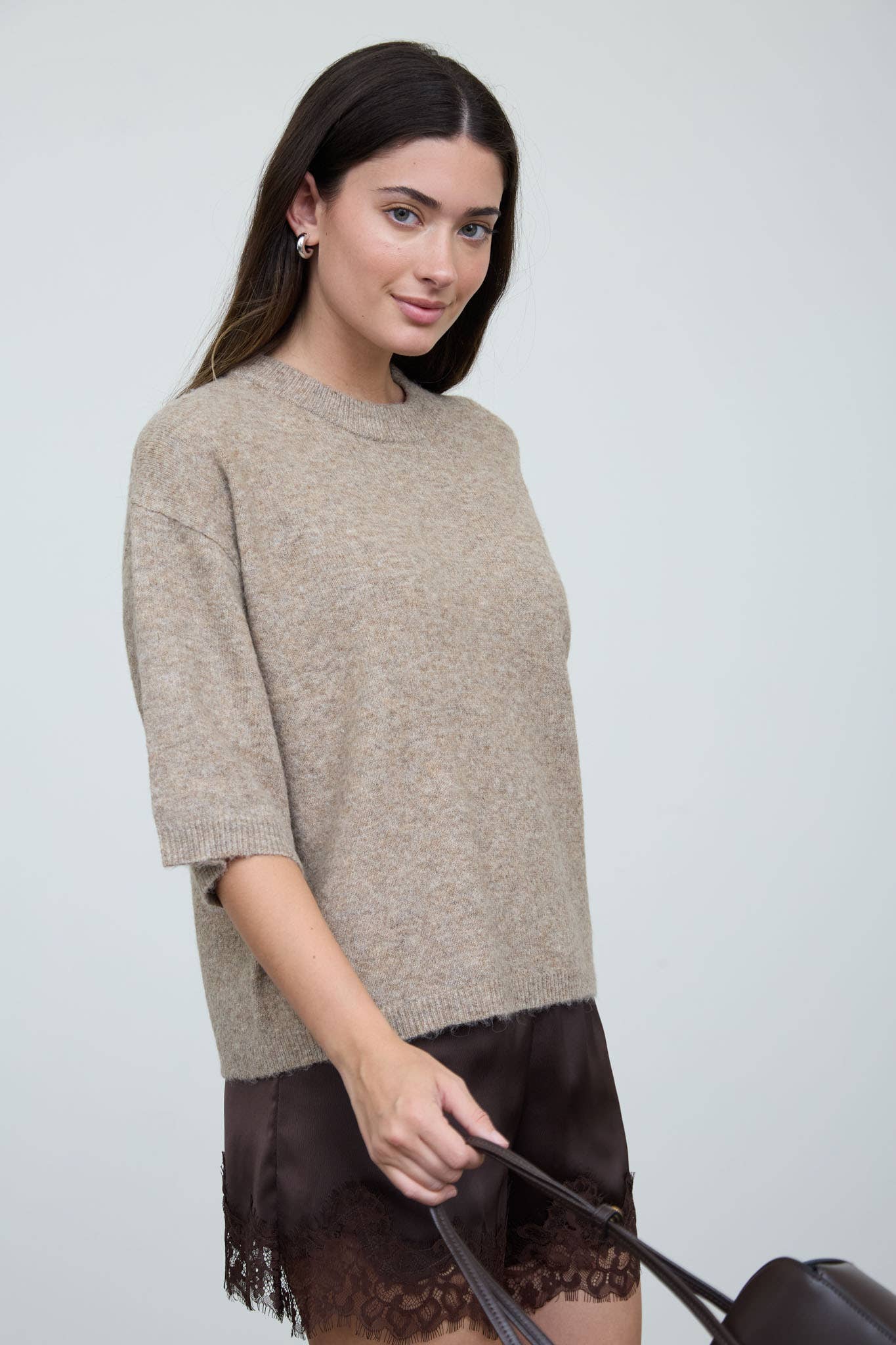 HEATHERED CREW NECK HALF SLEEVE BOXY PULLOVER