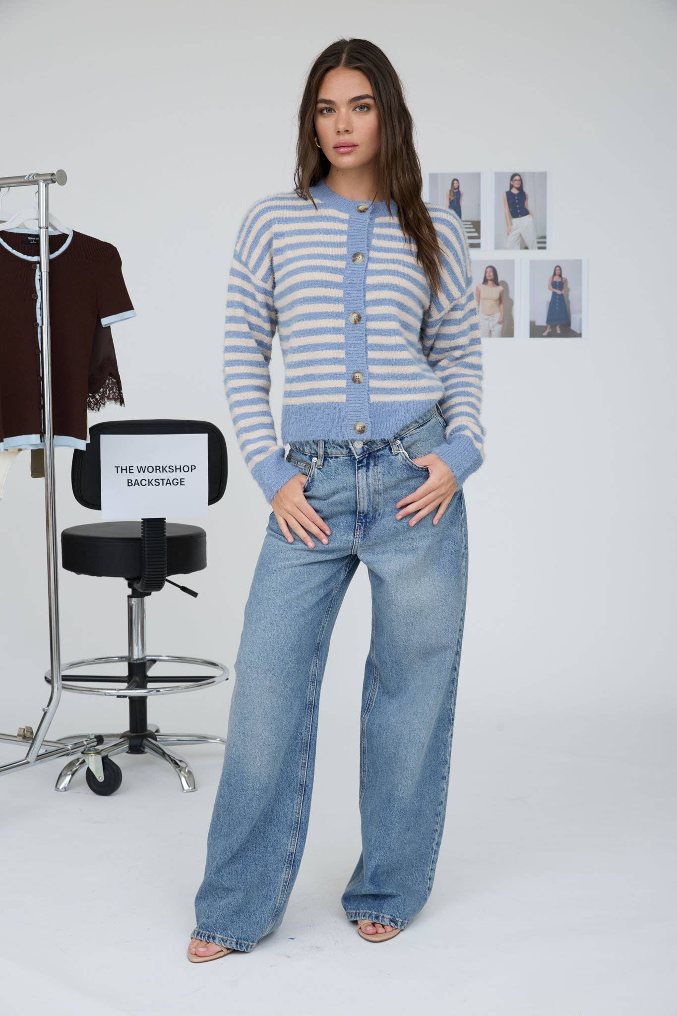 STRIPE ROUND NECK BUTTON DOWN FUZZY KNIT CARDIGAN