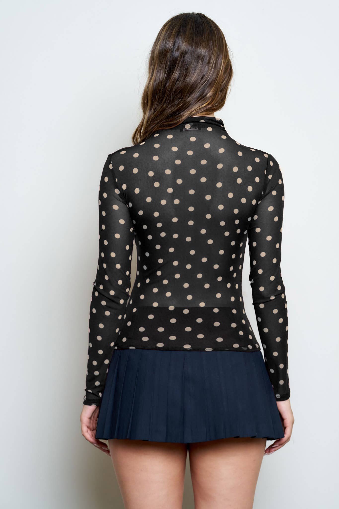 POLKA DOT MESH MOCK NECK LONG SLEEVE KNIT TOP