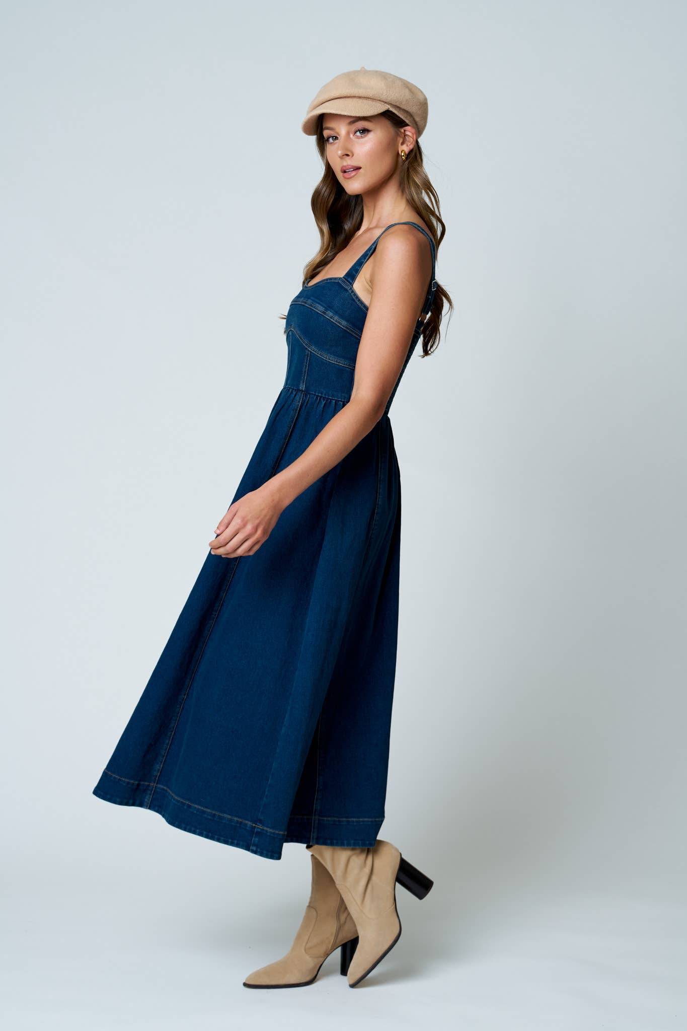 SWEETHEART CORSET SEAM DETAIL DENIM MIDI DRESS