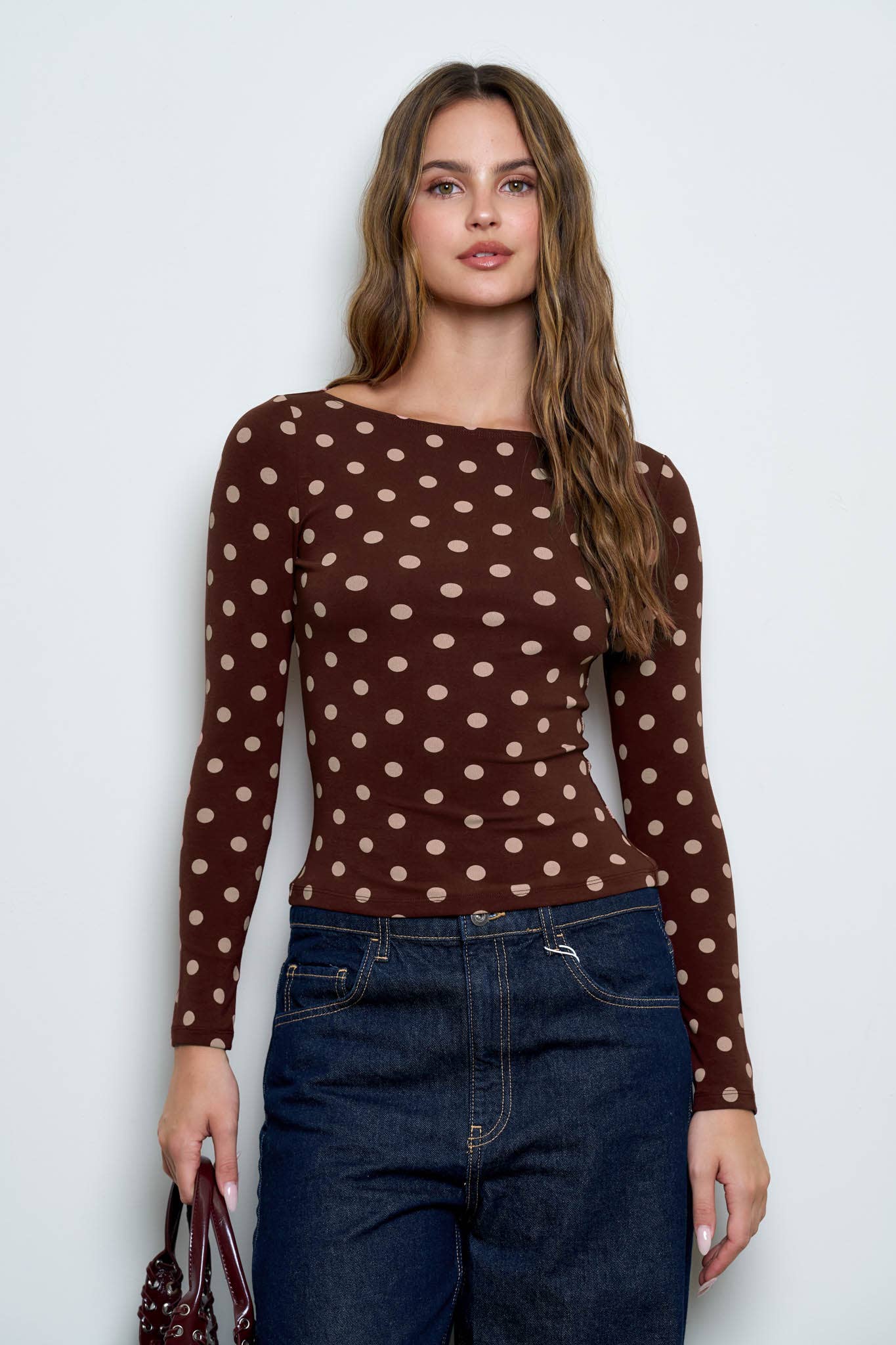 POLKA DOT BOAT NECK LONG SLEEVE KNIT TOP