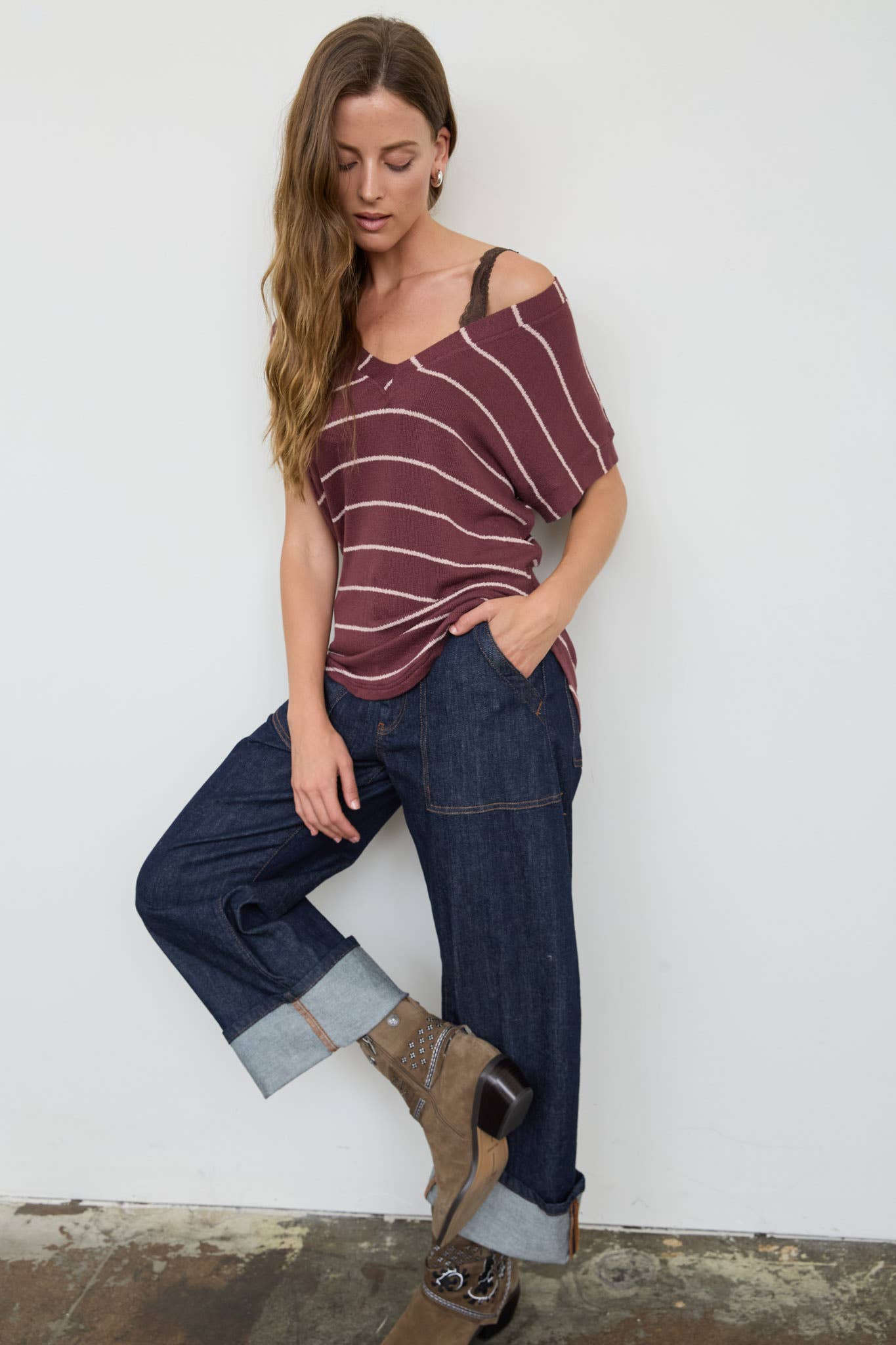 STRIPE V NECK CUFFED SLEEVE KNIT TOP