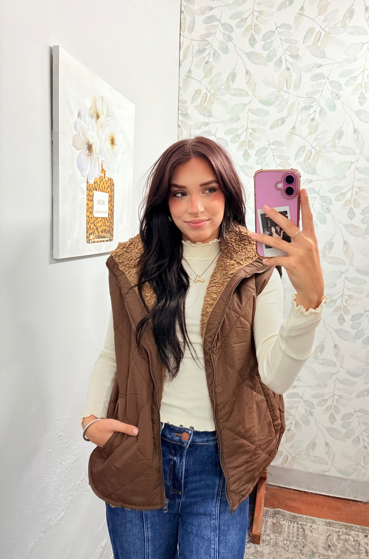 Brown Quilted Zip Up Fleece Lined Puffer Vest