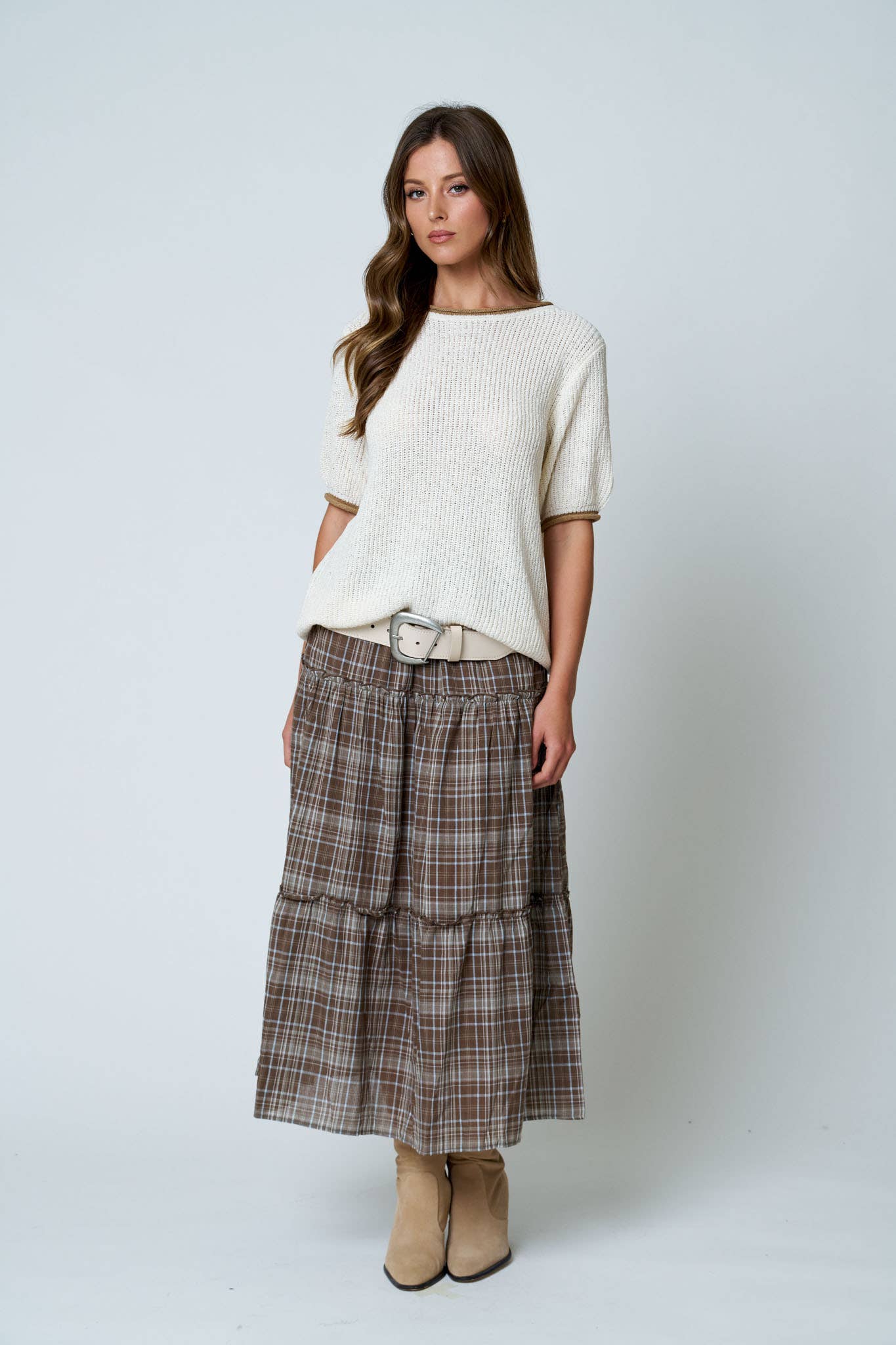 CONTEST TRIM PUFF SLEEVE RIBBED KNIT SWEATER