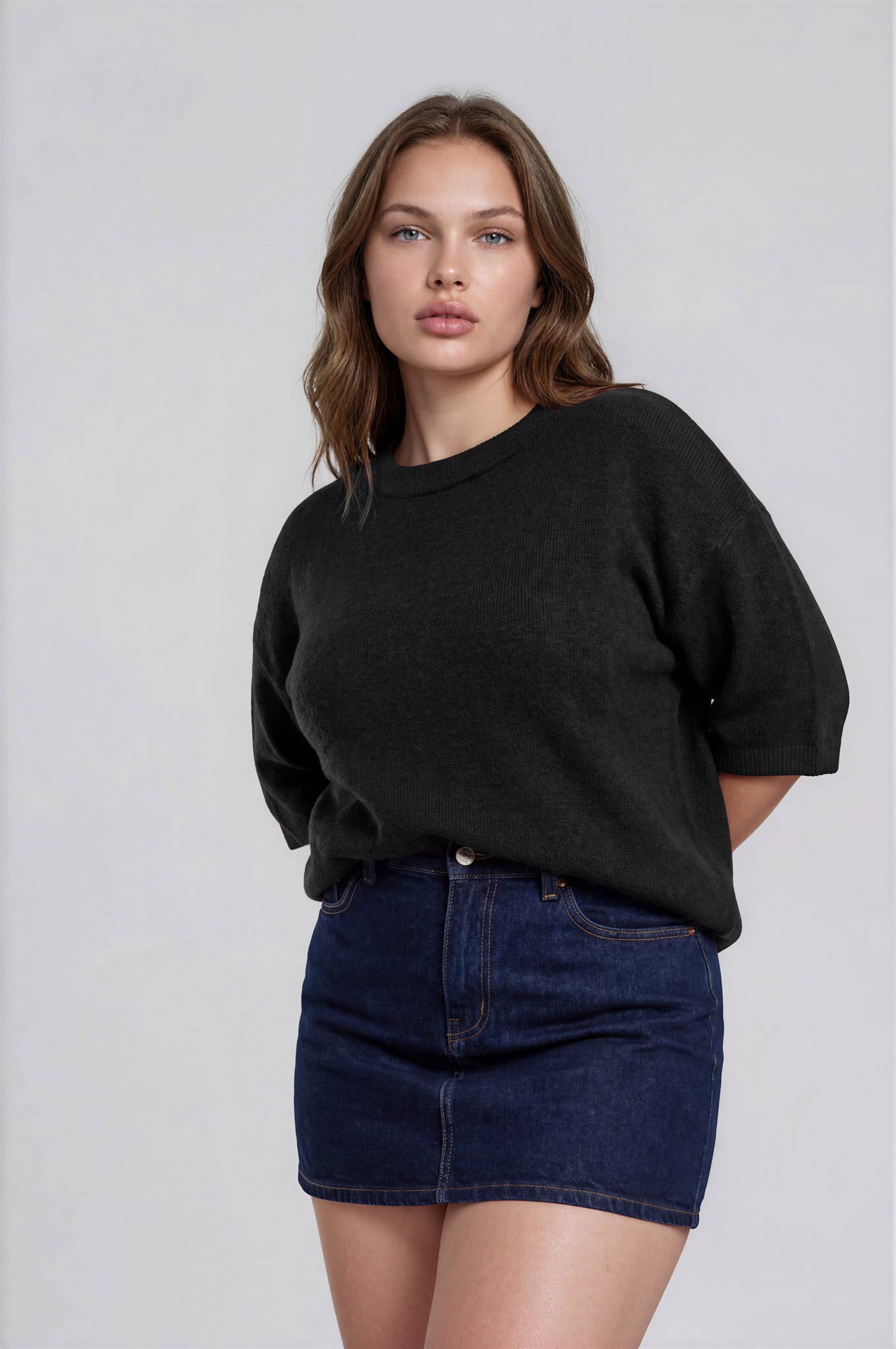 PLUS HEATHERED CREW NECK HALF SLEEVE BOXY PULLOVER