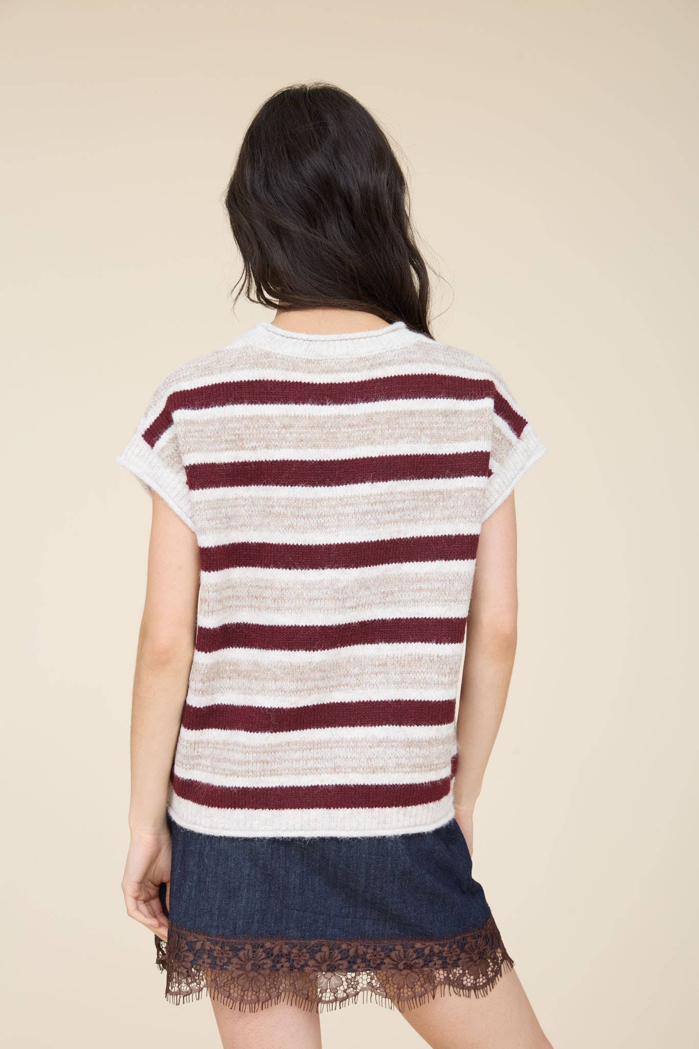 MARLED STRIPE SHORT SLEEVE RAW EDGE KNIT SWEATER