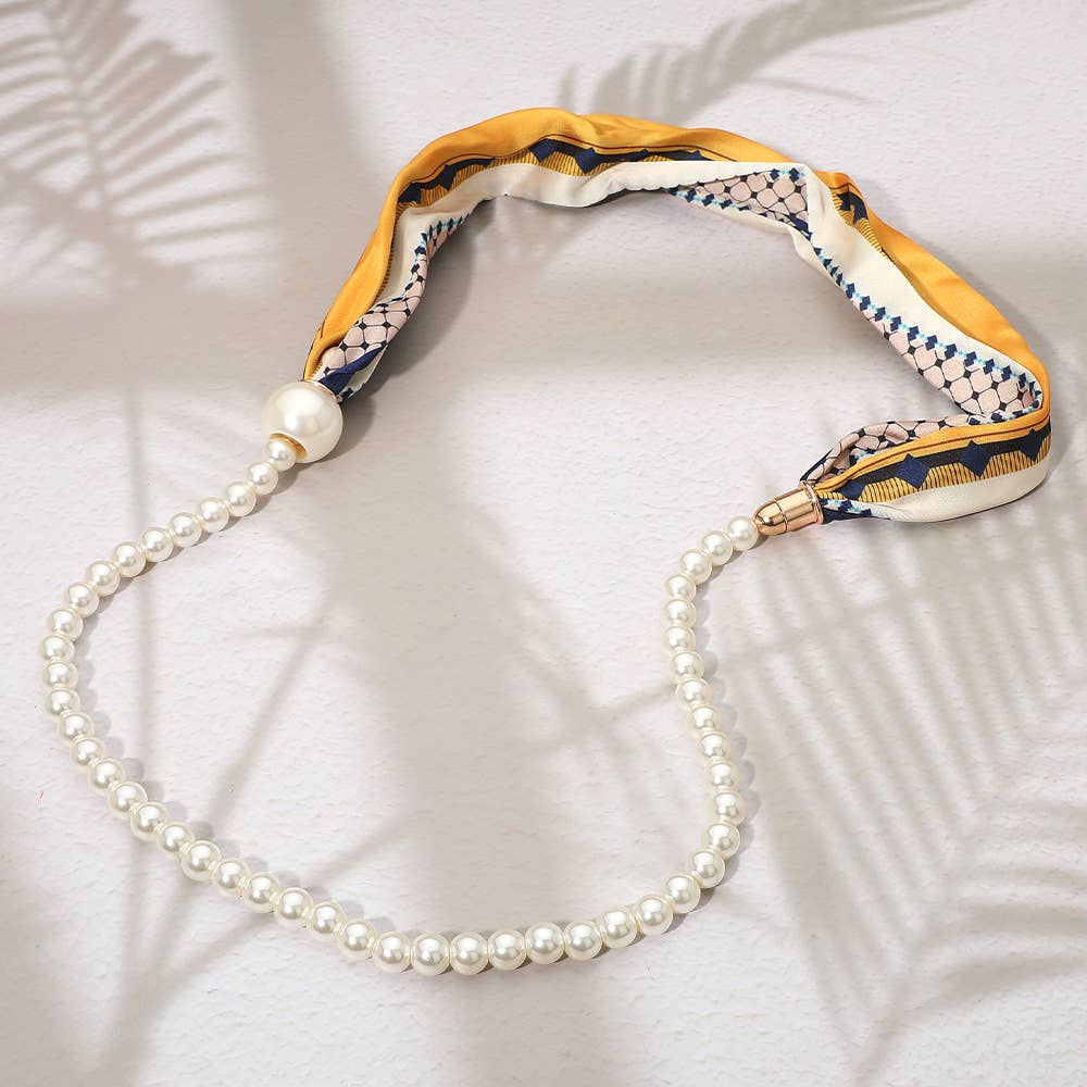 SECRET BOX_Pattern Print Fabric Scarf Pearl Magnetic Necklace