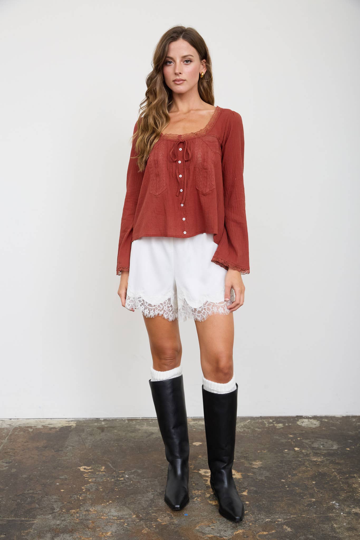 SCOOP NECK FRONT TIE LACE TRIM LONG SLEEVE TOP (PRE-ORDER)